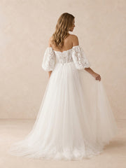 Romantic Off-Shoulder Lace Corset A-Line Wedding Dress with Puff Sleeves