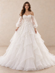 Romantic Off-the-Shoulder Floral Tulle Ball Gown Wedding Dress