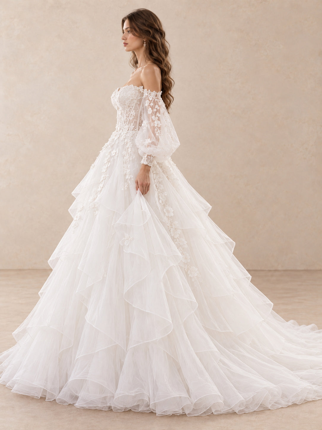 Romantic Off-the-Shoulder Floral Tulle Ball Gown Wedding Dress