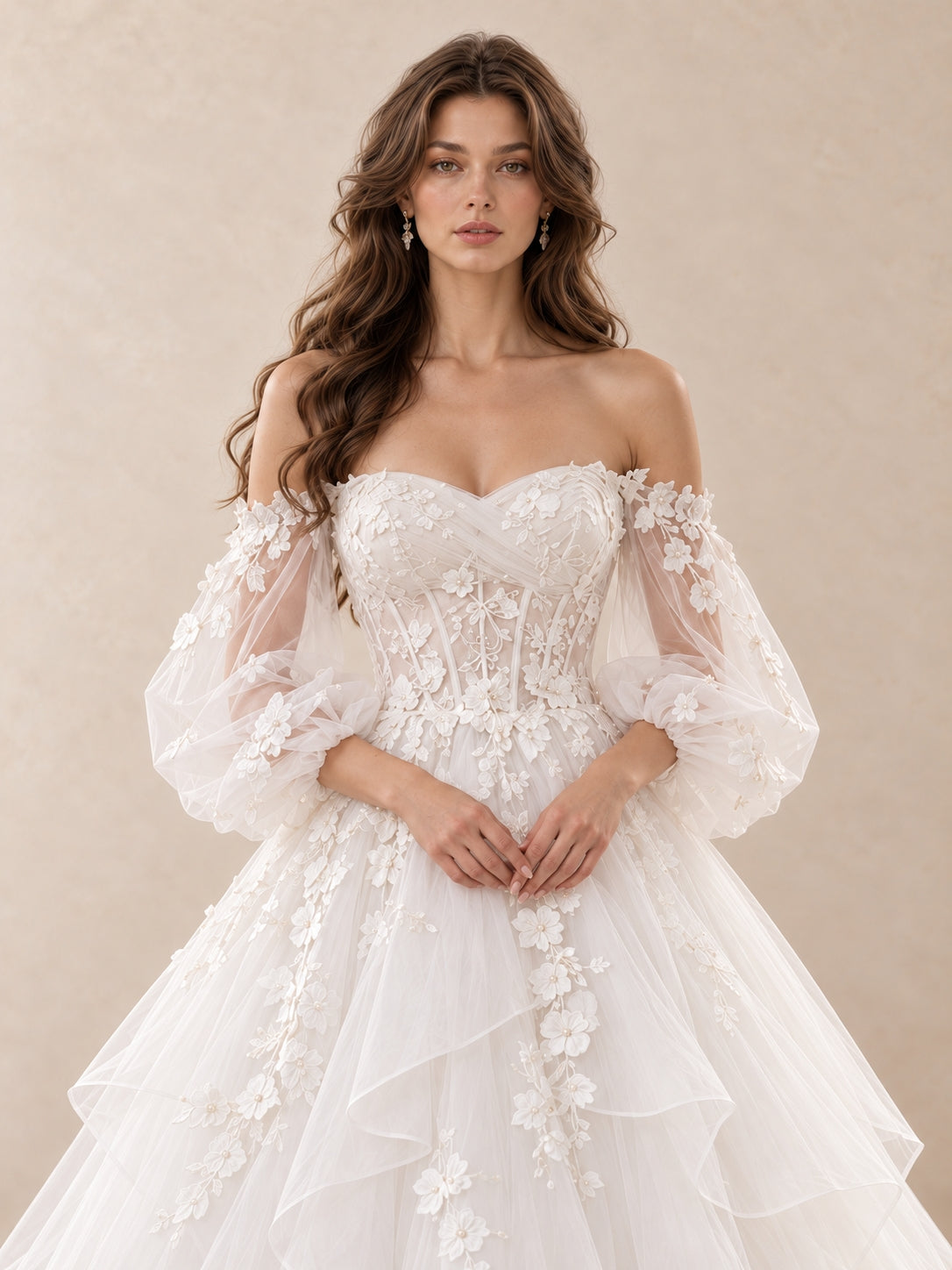 Romantic Off-the-Shoulder Floral Tulle Ball Gown Wedding Dress