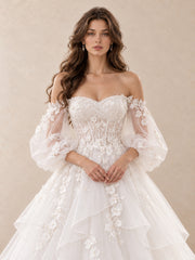Romantic Off-the-Shoulder Floral Tulle Ball Gown Wedding Dress