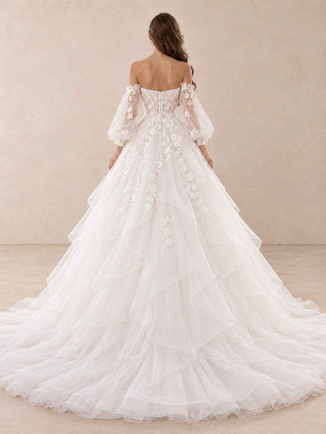 Romantic Off-the-Shoulder Floral Tulle Ball Gown Wedding Dress