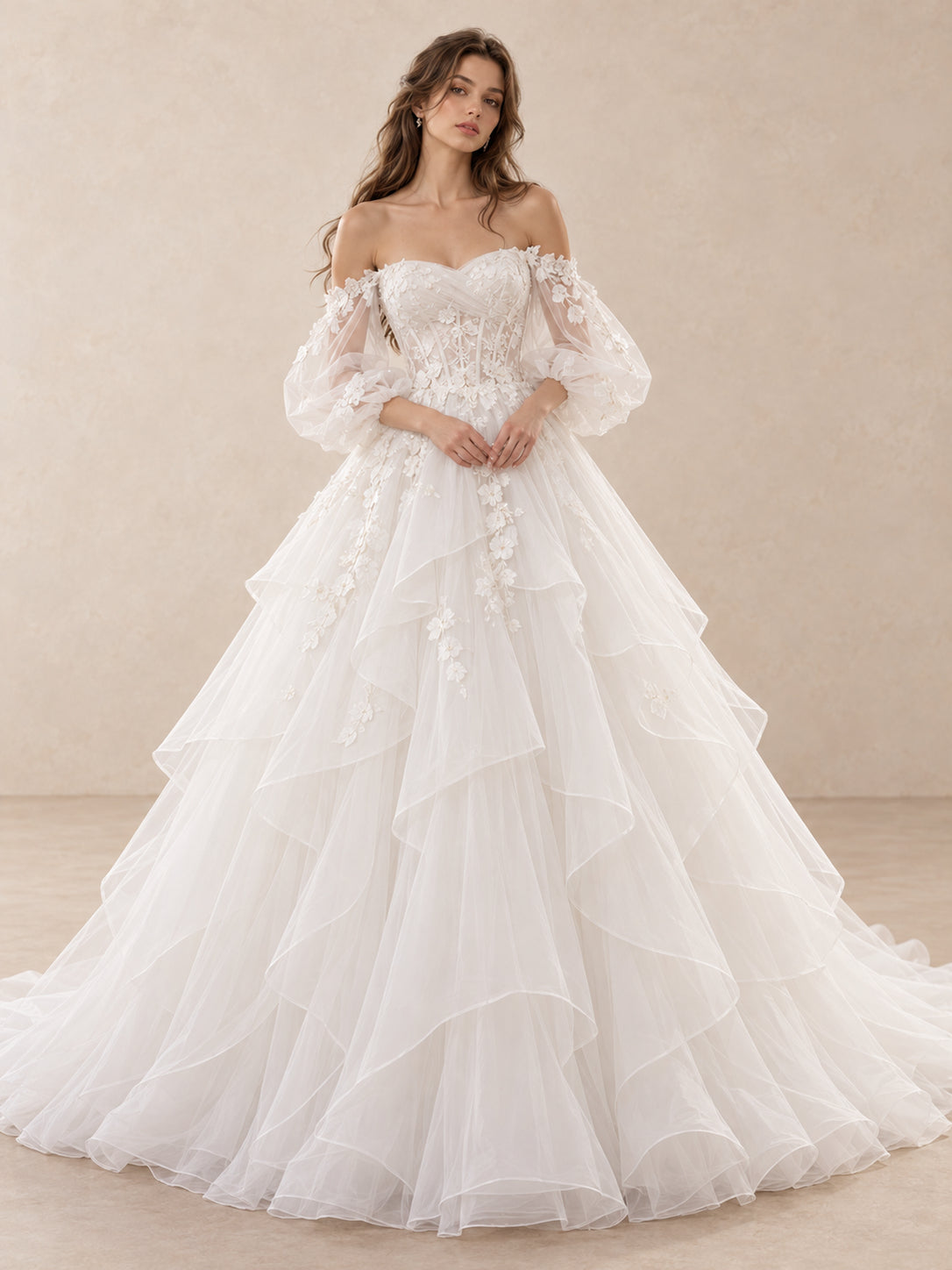 Romantic Off-the-Shoulder Floral Tulle Ball Gown Wedding Dress