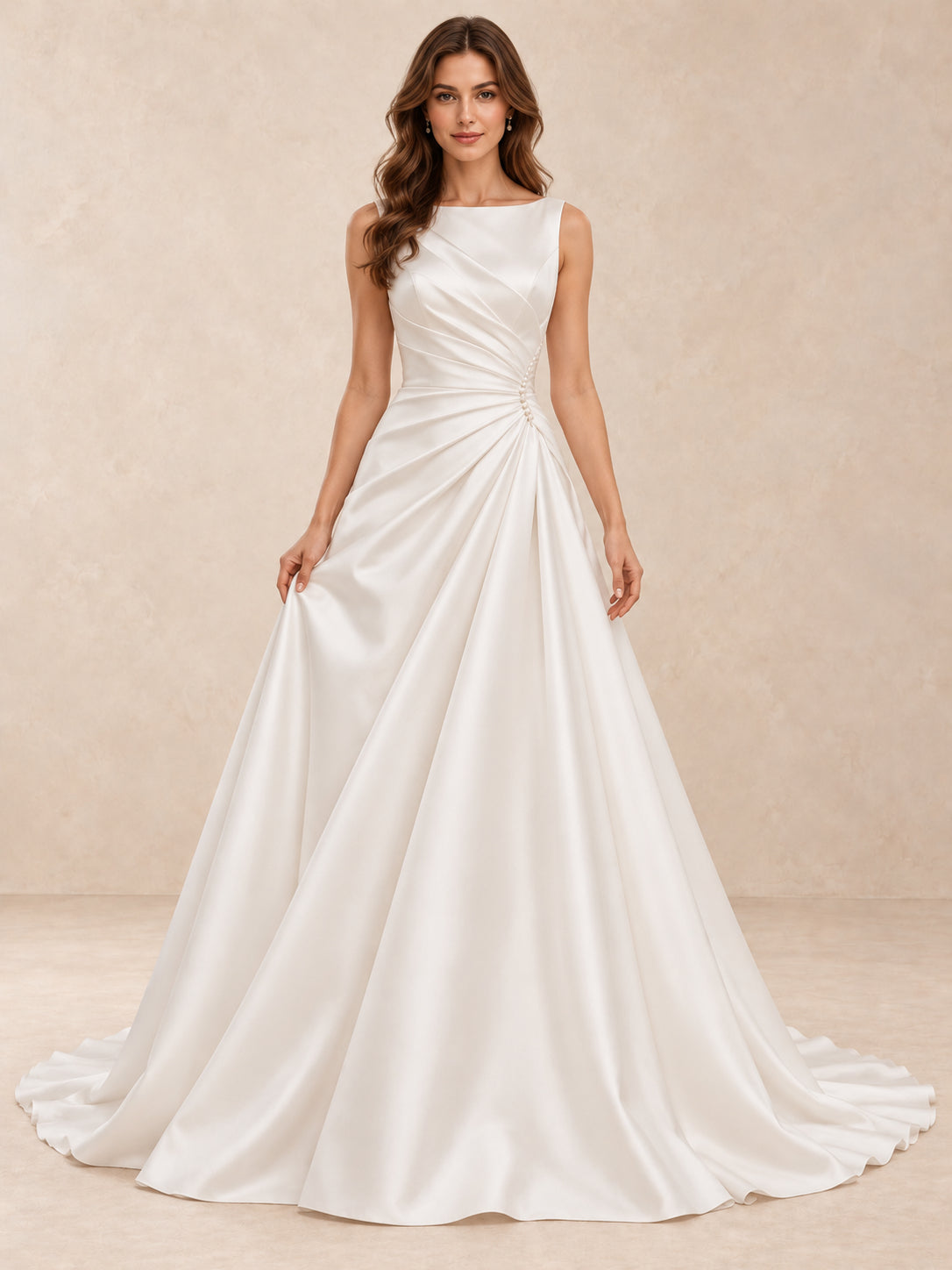 Satin A-Line Wedding Dress with Draped Bateau Bodice and Sweep Train