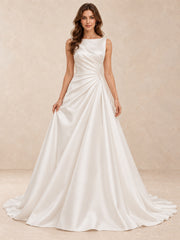 Satin A-Line Wedding Dress with Draped Bateau Bodice and Sweep Train