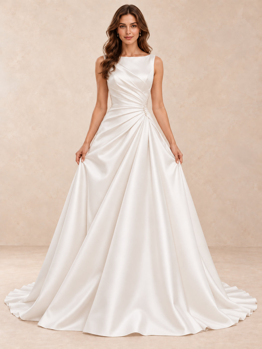 Satin A-Line Wedding Dress with Draped Bateau Bodice and Sweep Train