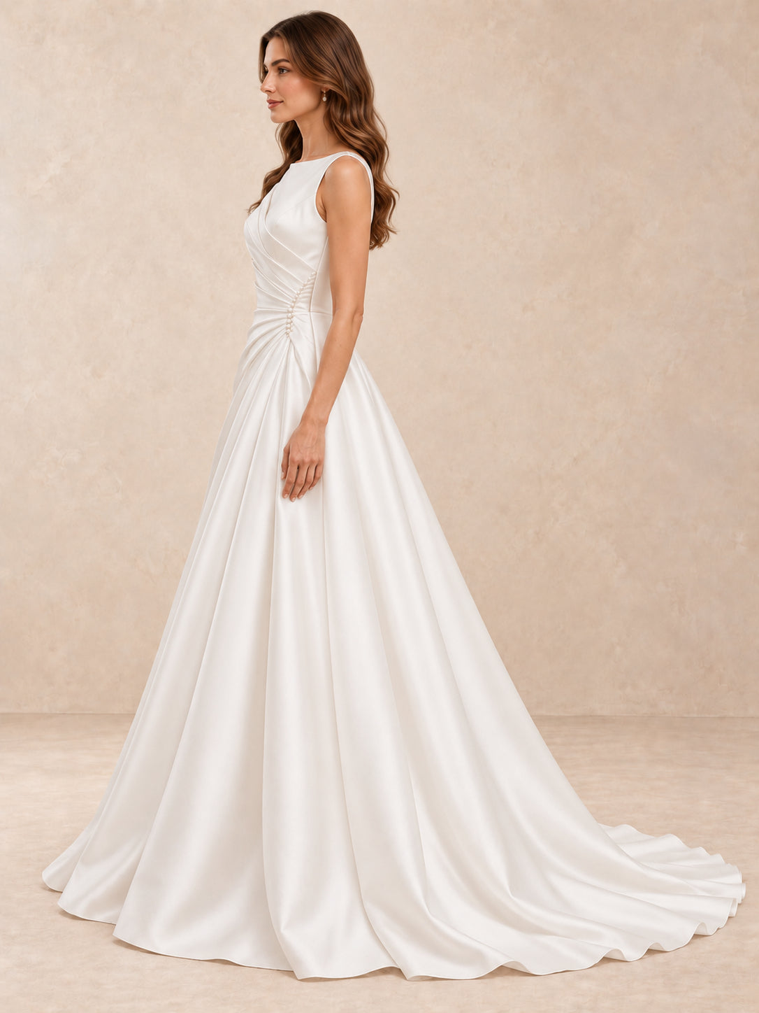 Satin A-Line Wedding Dress with Draped Bateau Bodice and Sweep Train