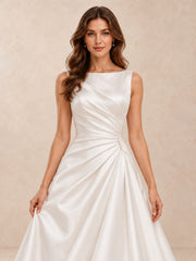 Satin A-Line Wedding Dress with Draped Bateau Bodice and Sweep Train