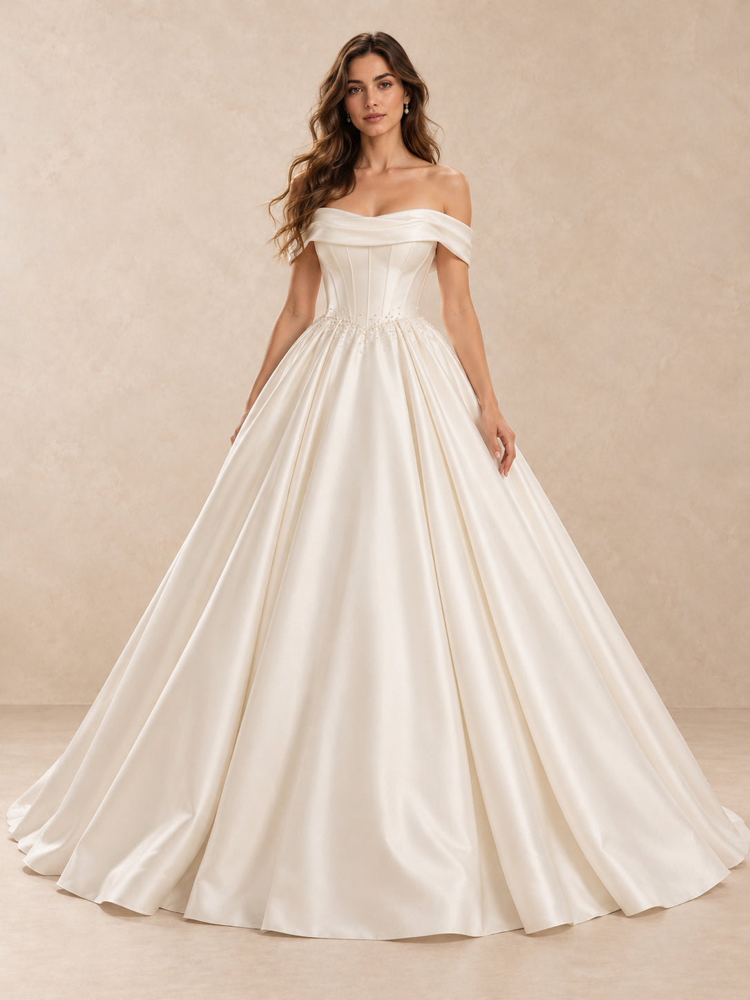 Satin Ball Gown Off-the-Shoulder Wedding Dress with Pearl Accents