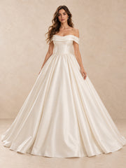 Satin Ball Gown Off-the-Shoulder Wedding Dress with Pearl Accents