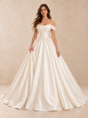 Satin Ball Gown Off-the-Shoulder Wedding Dress with Pearl Accents
