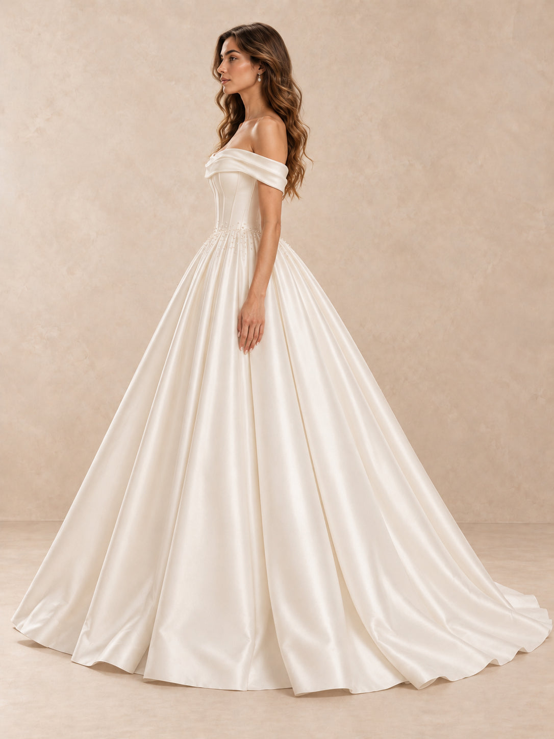 Satin Ball Gown Off-the-Shoulder Wedding Dress with Pearl Accents