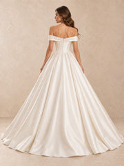 Satin Ball Gown Off-the-Shoulder Wedding Dress with Pearl Accents