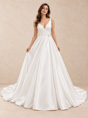 Satin Deep V-Neck A-Line Sleeveless Wedding Dress with Sweep Train