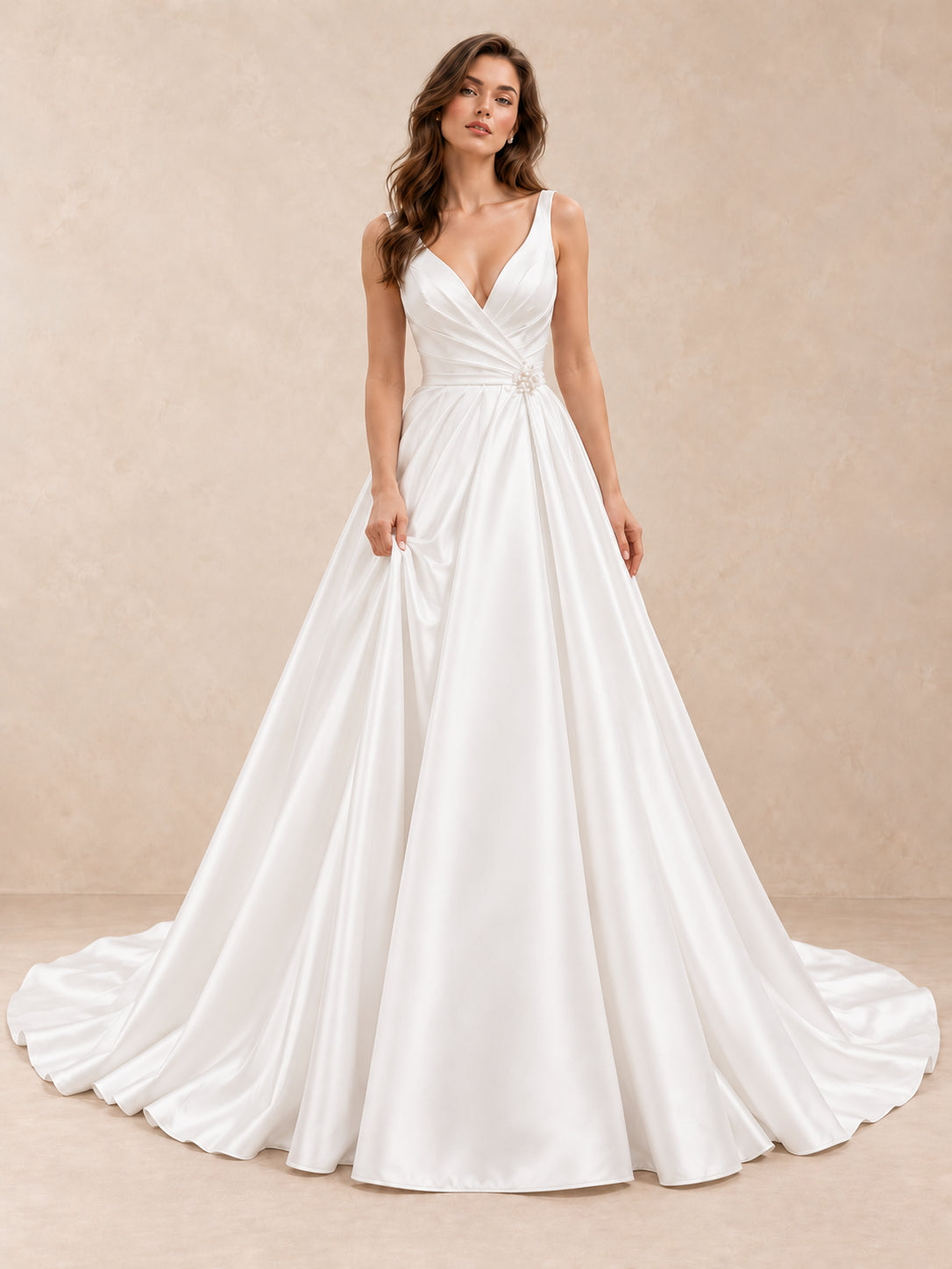 Satin Deep V-Neck A-Line Sleeveless Wedding Dress with Sweep Train
