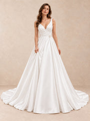 Satin Deep V-Neck A-Line Sleeveless Wedding Dress with Sweep Train