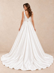 Satin Deep V-Neck A-Line Sleeveless Wedding Dress with Sweep Train