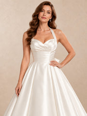 Satin Halter Tea-Length Wedding Dress with Ruched Sweetheart Bodice