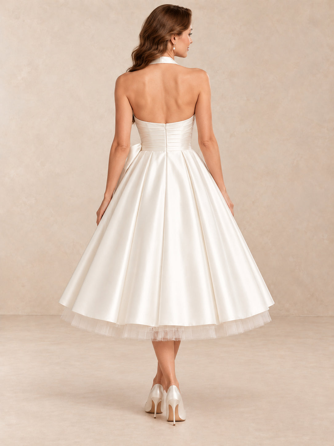Satin Halter Tea-Length Wedding Dress with Ruched Sweetheart Bodice