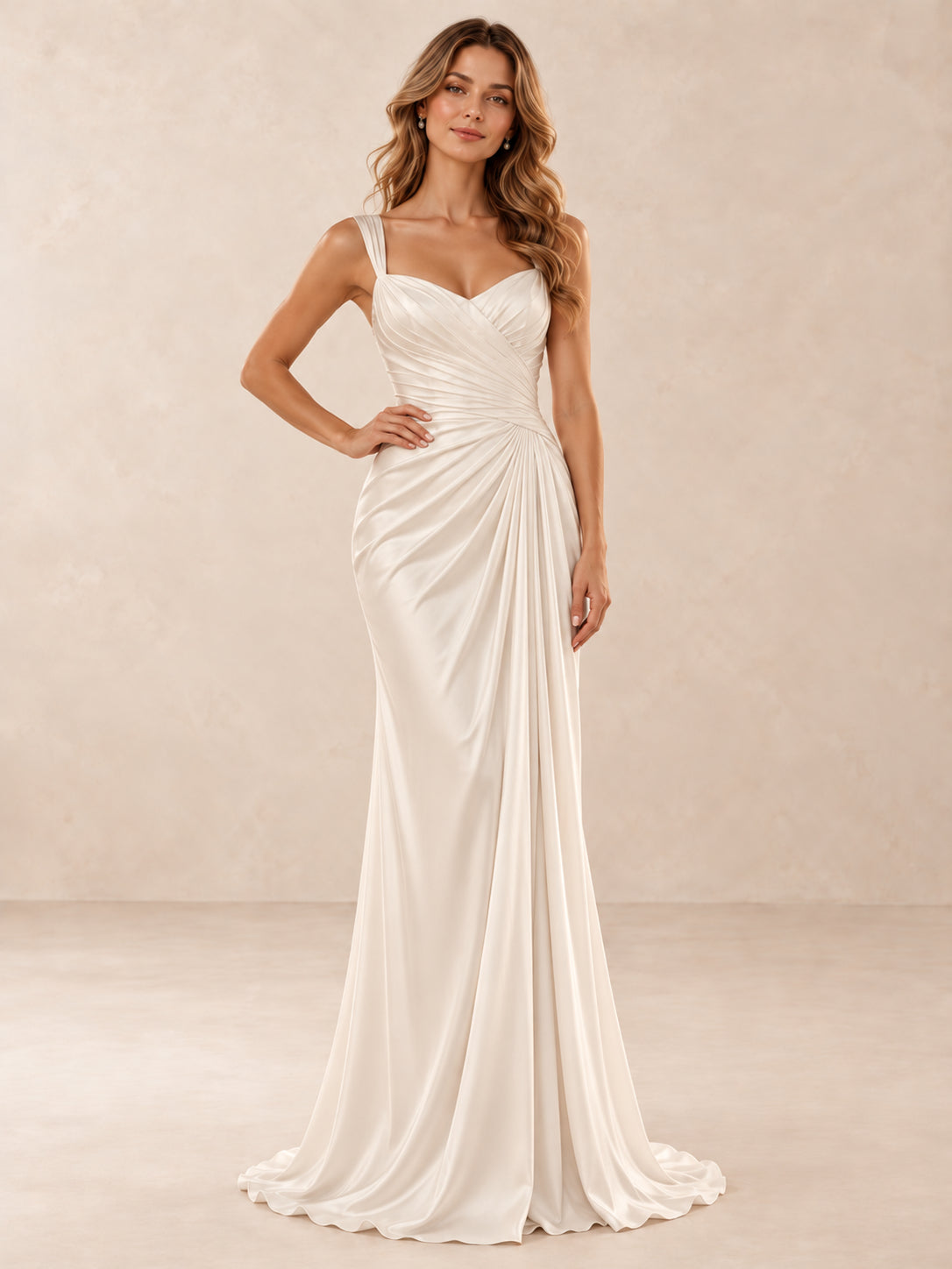 Satin Ruched Sweetheart Mermaid Wedding Dress With Sweep Train