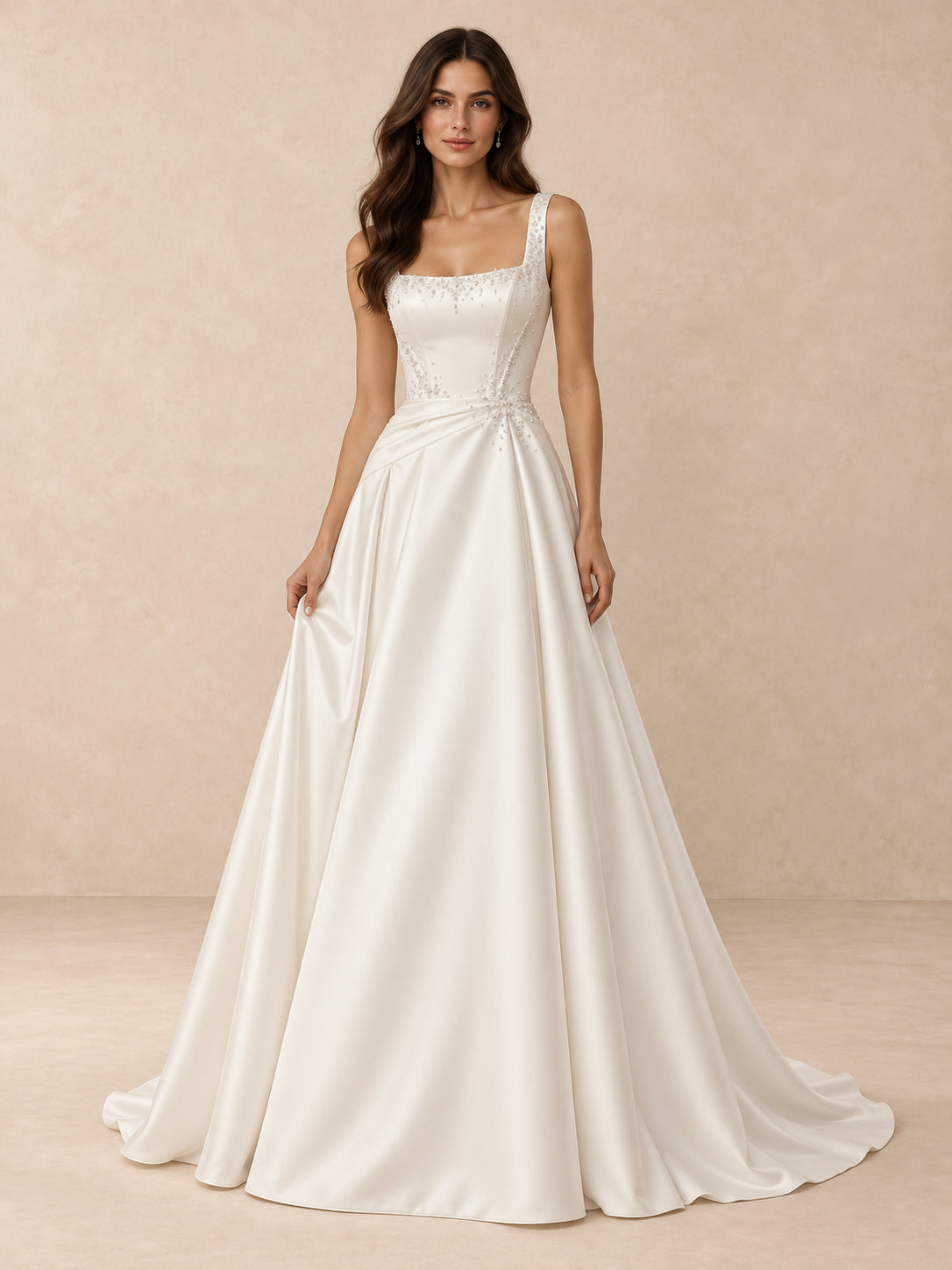 Satin Square Neckline A-Line Wedding Dress with Sweep Train