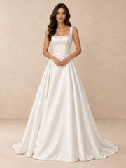 Satin Square Neckline A-Line Wedding Dress with Sweep Train