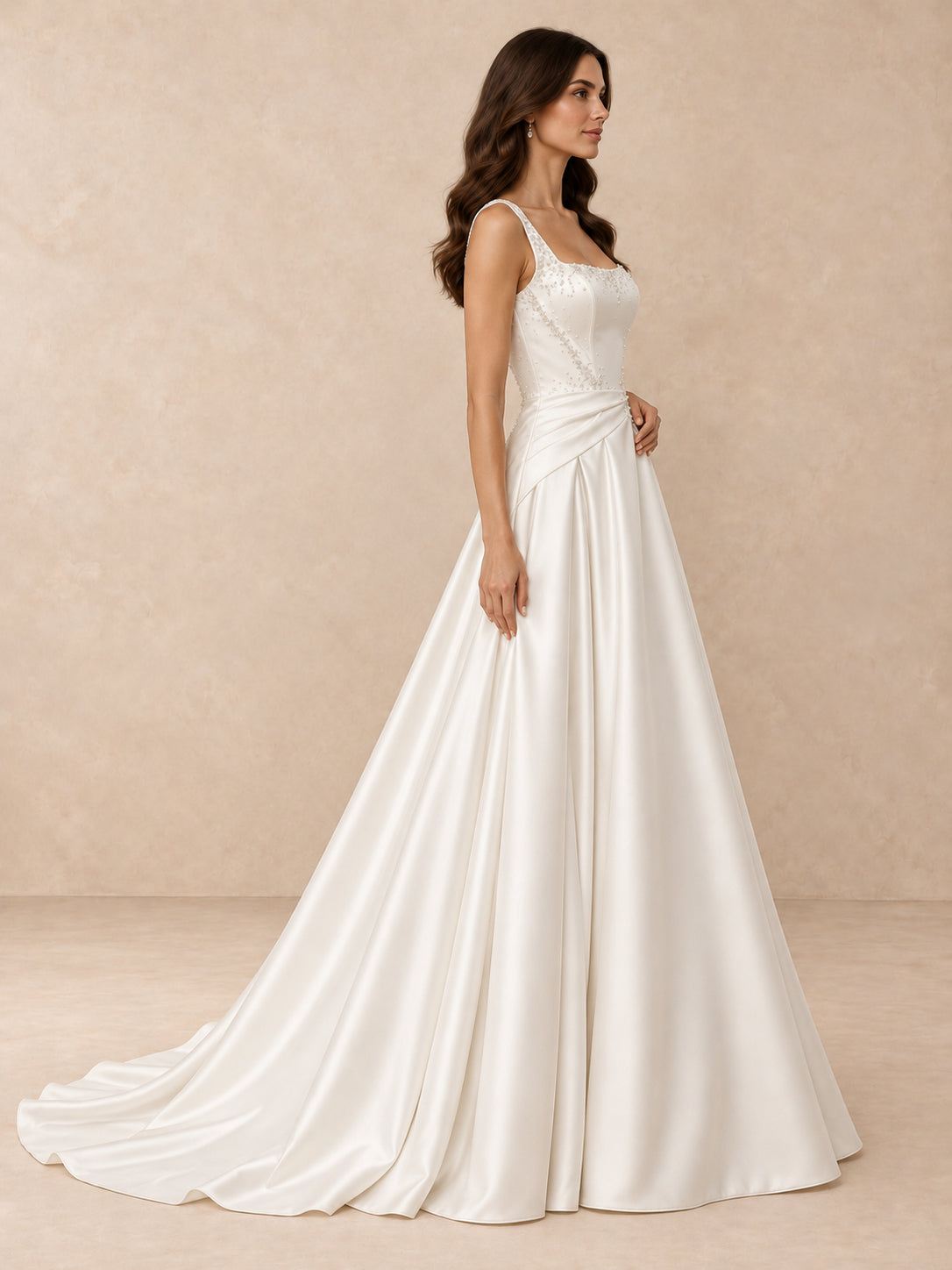 Satin Square Neckline A-Line Wedding Dress with Sweep Train