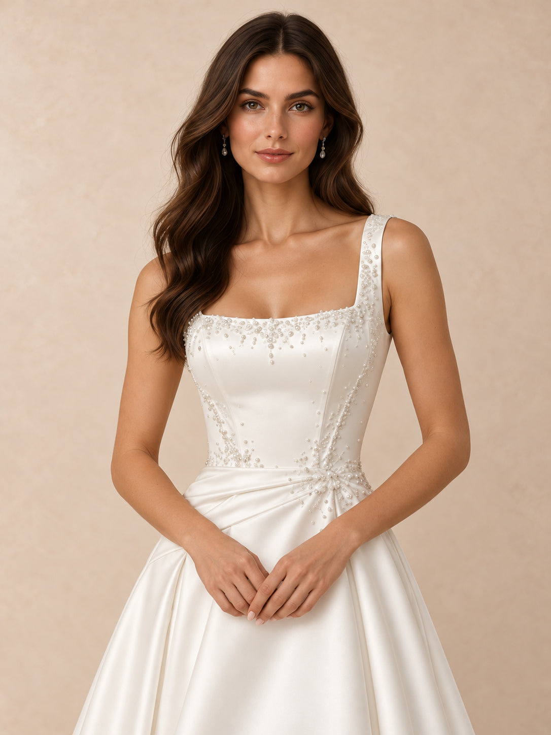 Satin Square Neckline A-Line Wedding Dress with Sweep Train