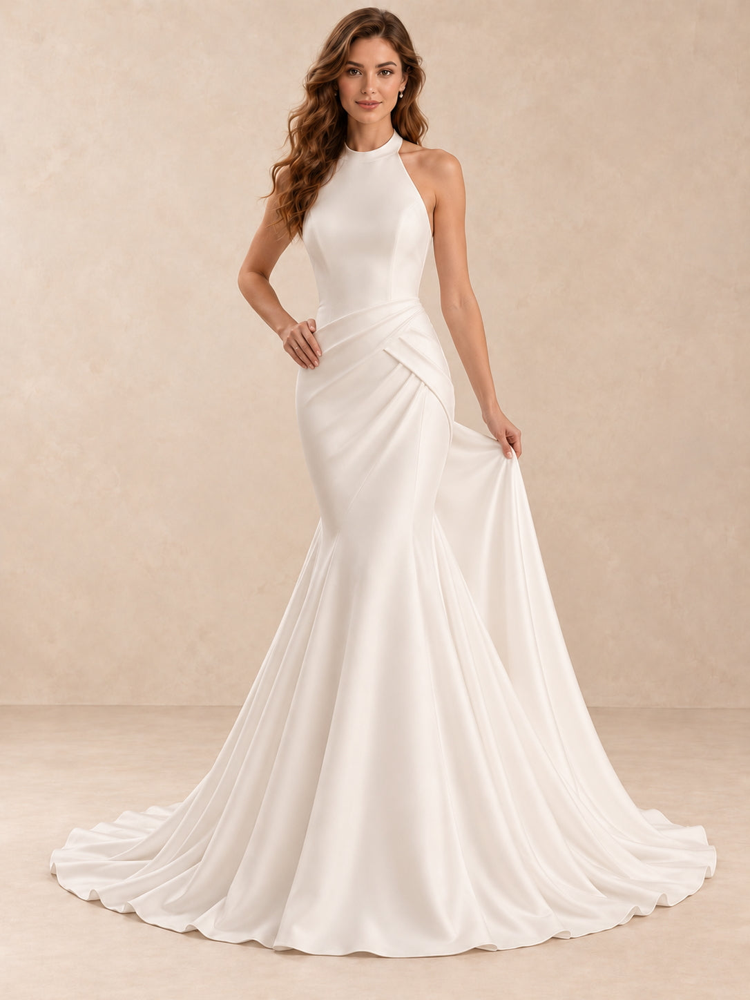 Sculpted Halter Neck Satin Crepe Mermaid Wedding Dress with Open Back