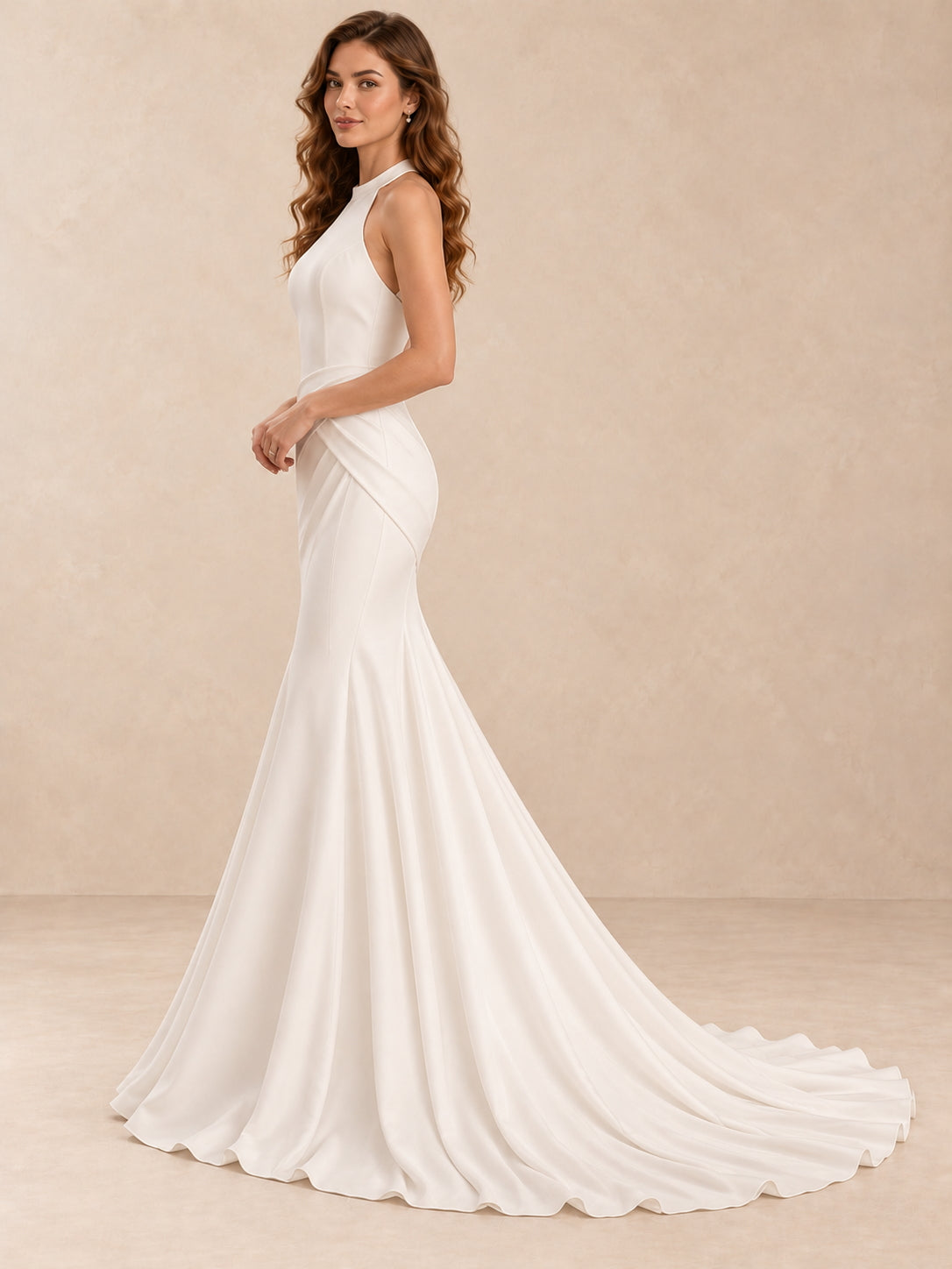 Sculpted Halter Neck Satin Crepe Mermaid Wedding Dress with Open Back