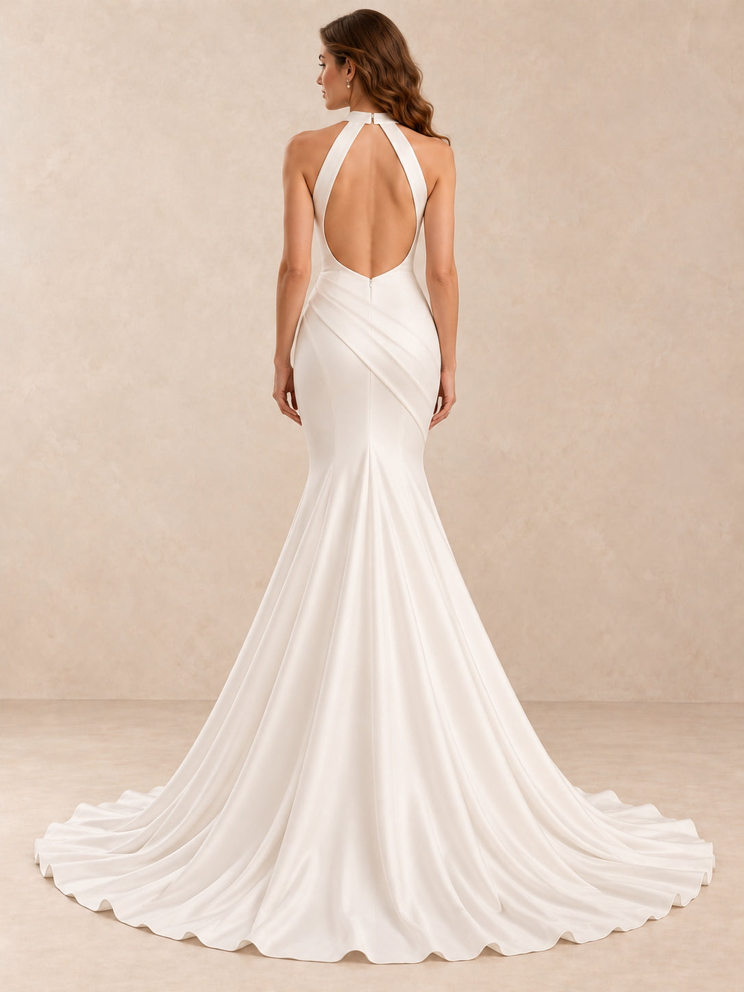 Sculpted Halter Neck Satin Crepe Mermaid Wedding Dress with Open Back