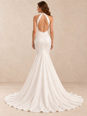 Sculpted Halter Neck Satin Crepe Mermaid Wedding Dress with Open Back