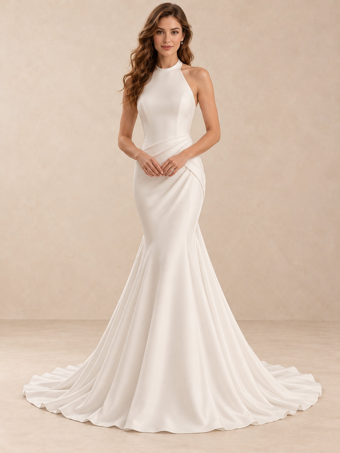 Sculpted Halter Neck Satin Crepe Mermaid Wedding Dress with Open Back