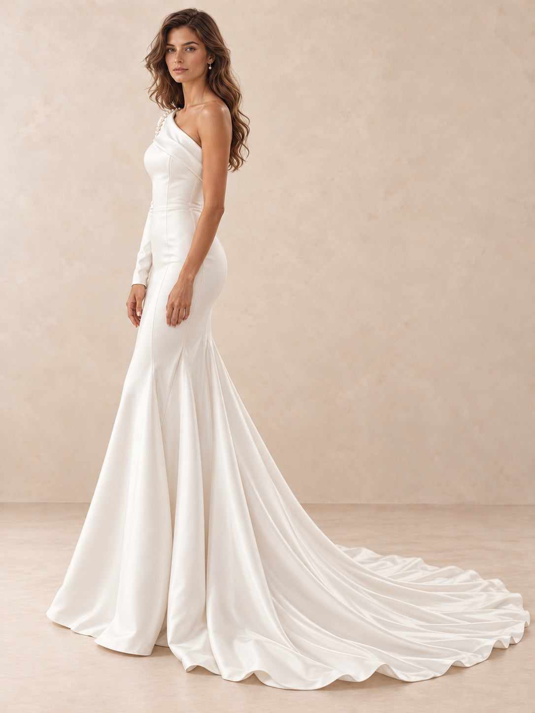 Sculpted One-Shoulder Satin Mermaid Wedding Dress with Pearl Accents