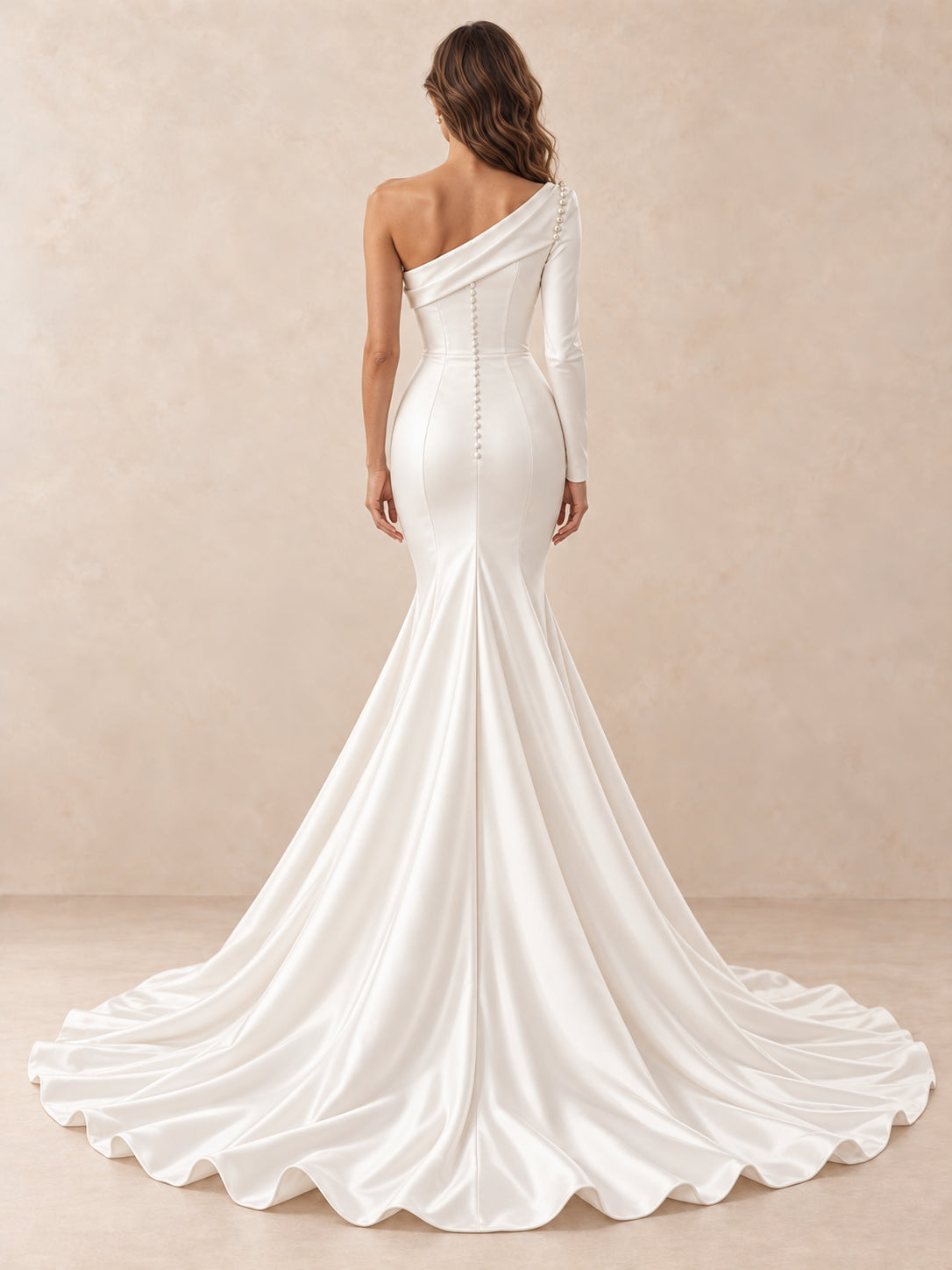 Sculpted One-Shoulder Satin Mermaid Wedding Dress with Pearl Accents