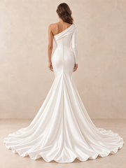Sculpted One-Shoulder Satin Mermaid Wedding Dress with Pearl Accents