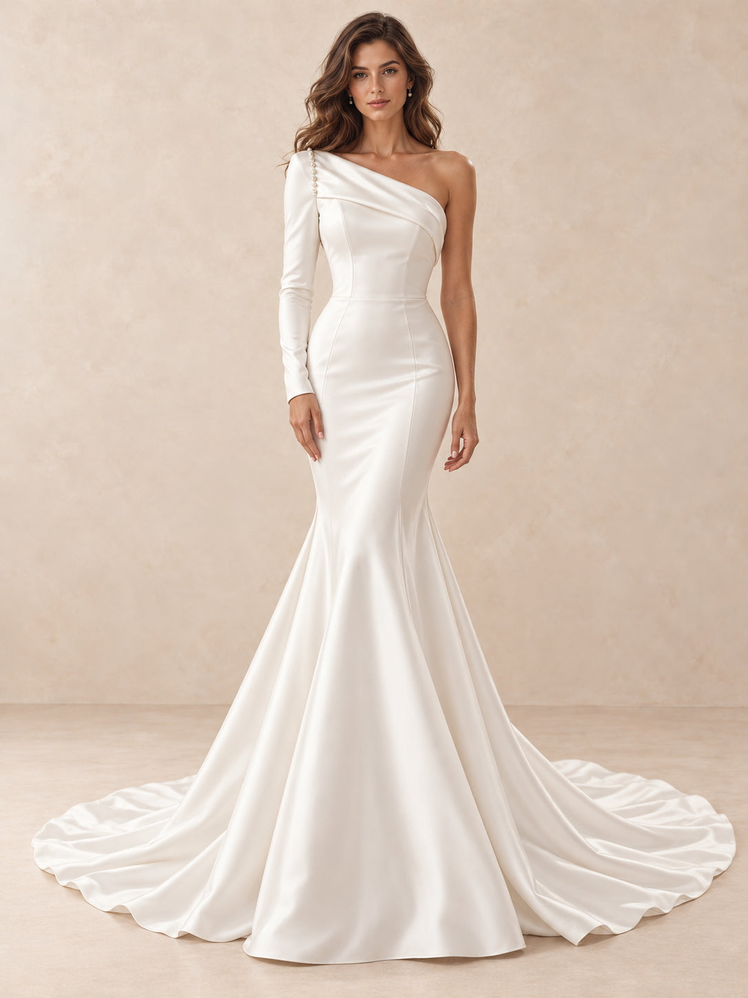 Sculpted One-Shoulder Satin Mermaid Wedding Dress with Pearl Accents