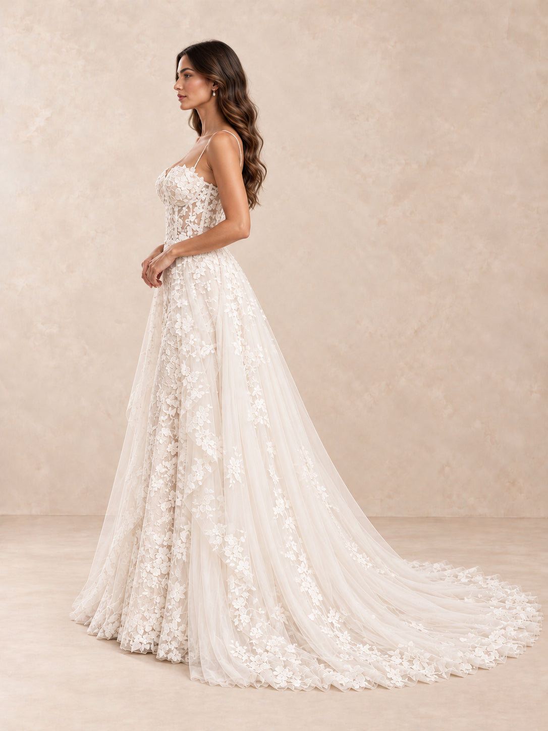 Spaghetti Strap Sweetheart Floral Lace A-Line Wedding Dress with Tulle Train
