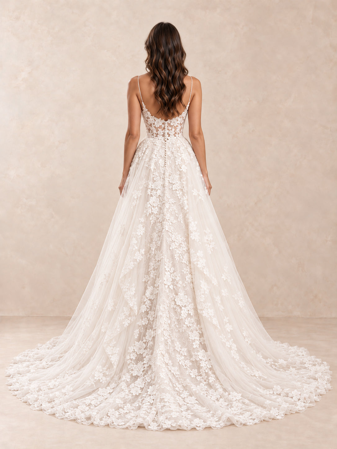 Spaghetti Strap Sweetheart Floral Lace A-Line Wedding Dress with Tulle Train