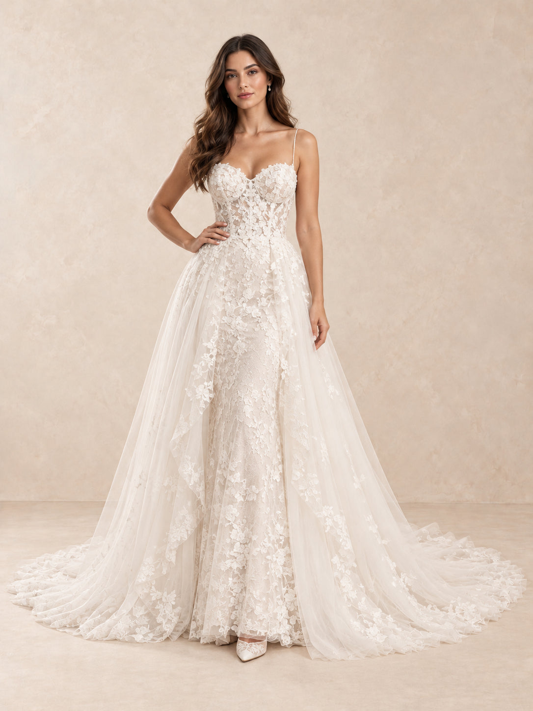 Spaghetti Strap Sweetheart Floral Lace A-Line Wedding Dress with Tulle Train