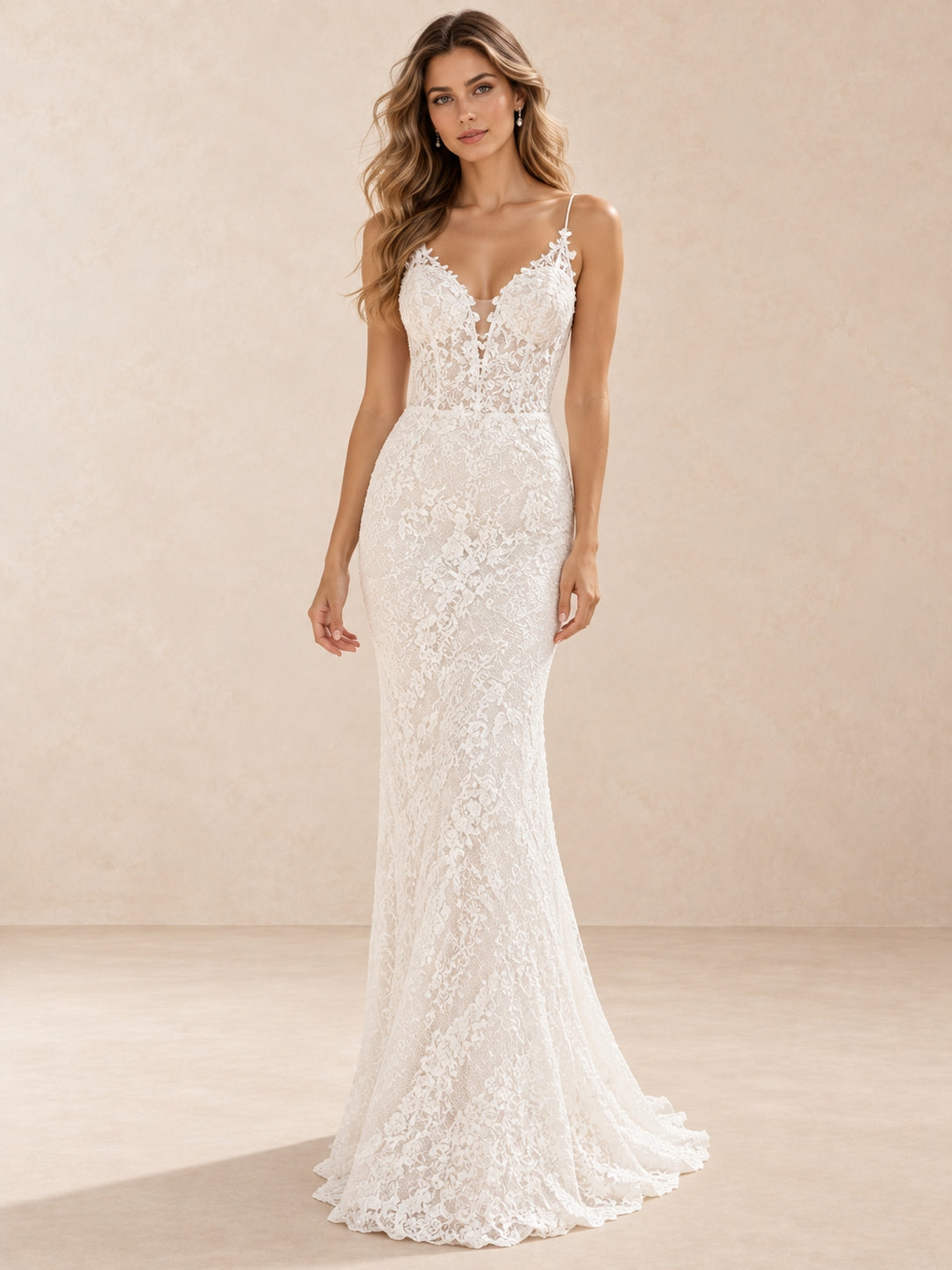 Spaghetti Straps Lace Mermaid V-Neck Wedding Dress with Scalloped Lace Train