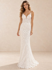 Spaghetti Straps Lace Mermaid V-Neck Wedding Dress with Scalloped Lace Train