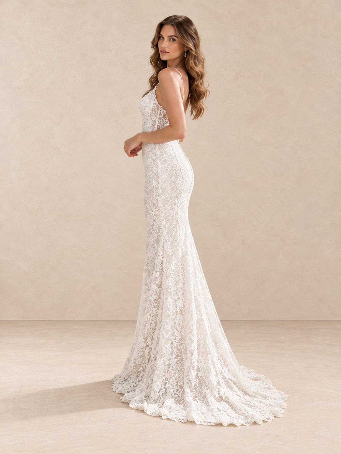 Spaghetti Straps Lace Mermaid V-Neck Wedding Dress with Scalloped Lace Train