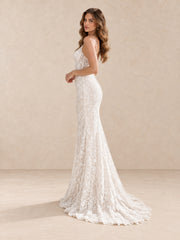 Spaghetti Straps Lace Mermaid V-Neck Wedding Dress with Scalloped Lace Train