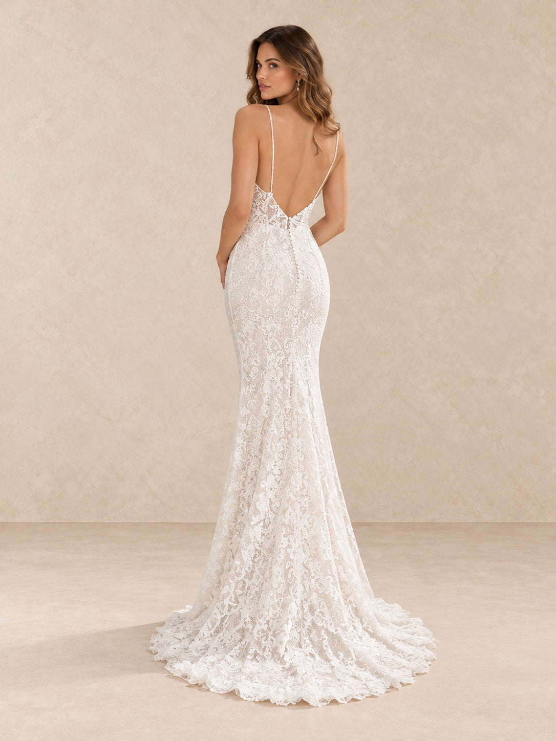 Spaghetti Straps Lace Mermaid V-Neck Wedding Dress with Scalloped Lace Train