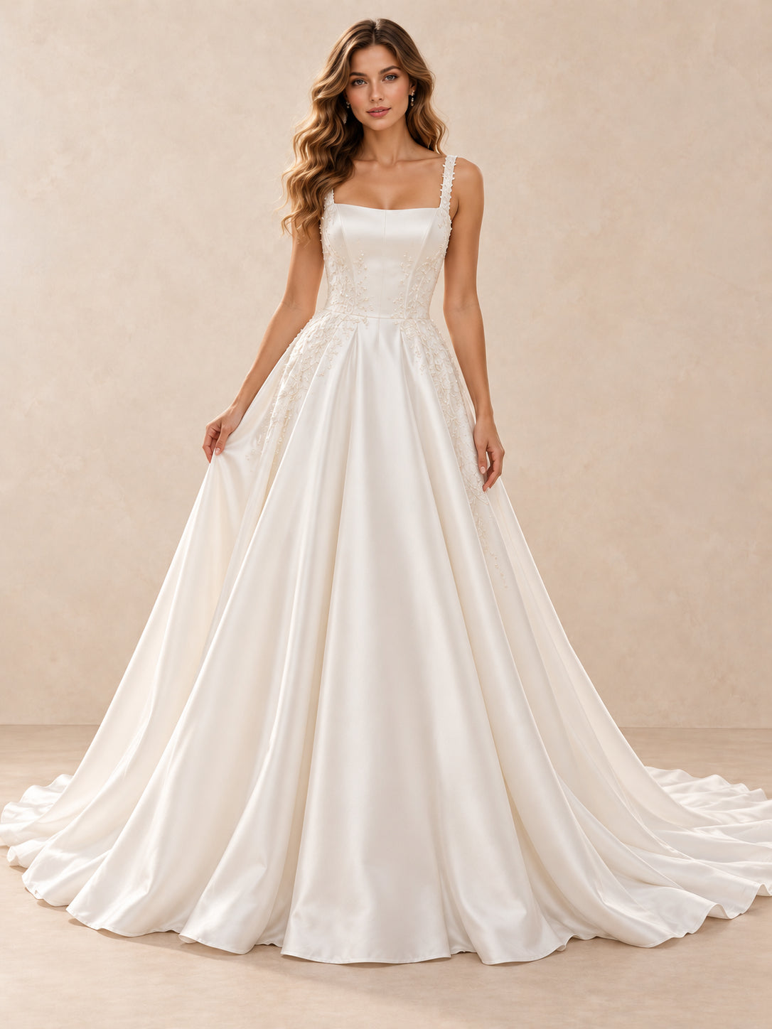 Square-Neck Satin Wedding Dress with Pearl Lace Appliqué and Train