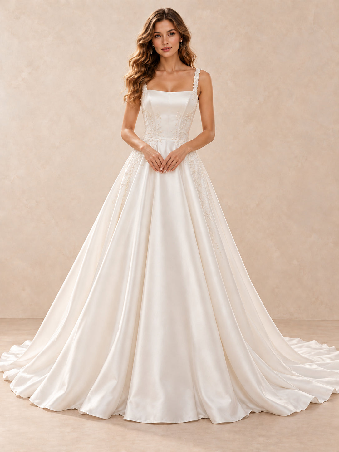 Square-Neck Satin Wedding Dress with Pearl Lace Appliqué and Train