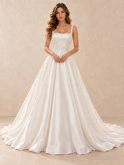 Square-Neck Satin Wedding Dress with Pearl Lace Appliqué and Train