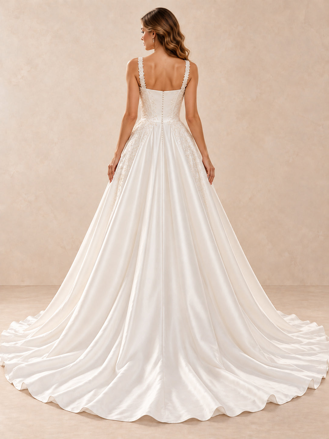 Square-Neck Satin Wedding Dress with Pearl Lace Appliqué and Train