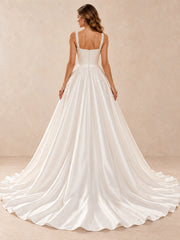 Square-Neck Satin Wedding Dress with Pearl Lace Appliqué and Train